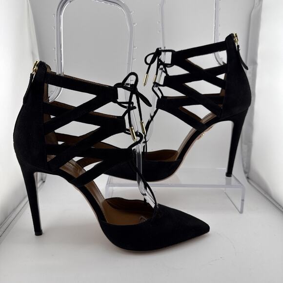 AQUAZZURA Belgravia Lattice CAGED Suede Pointed Toe Black Pumps 38.5 $800 NWOB - Picture 15 of 16